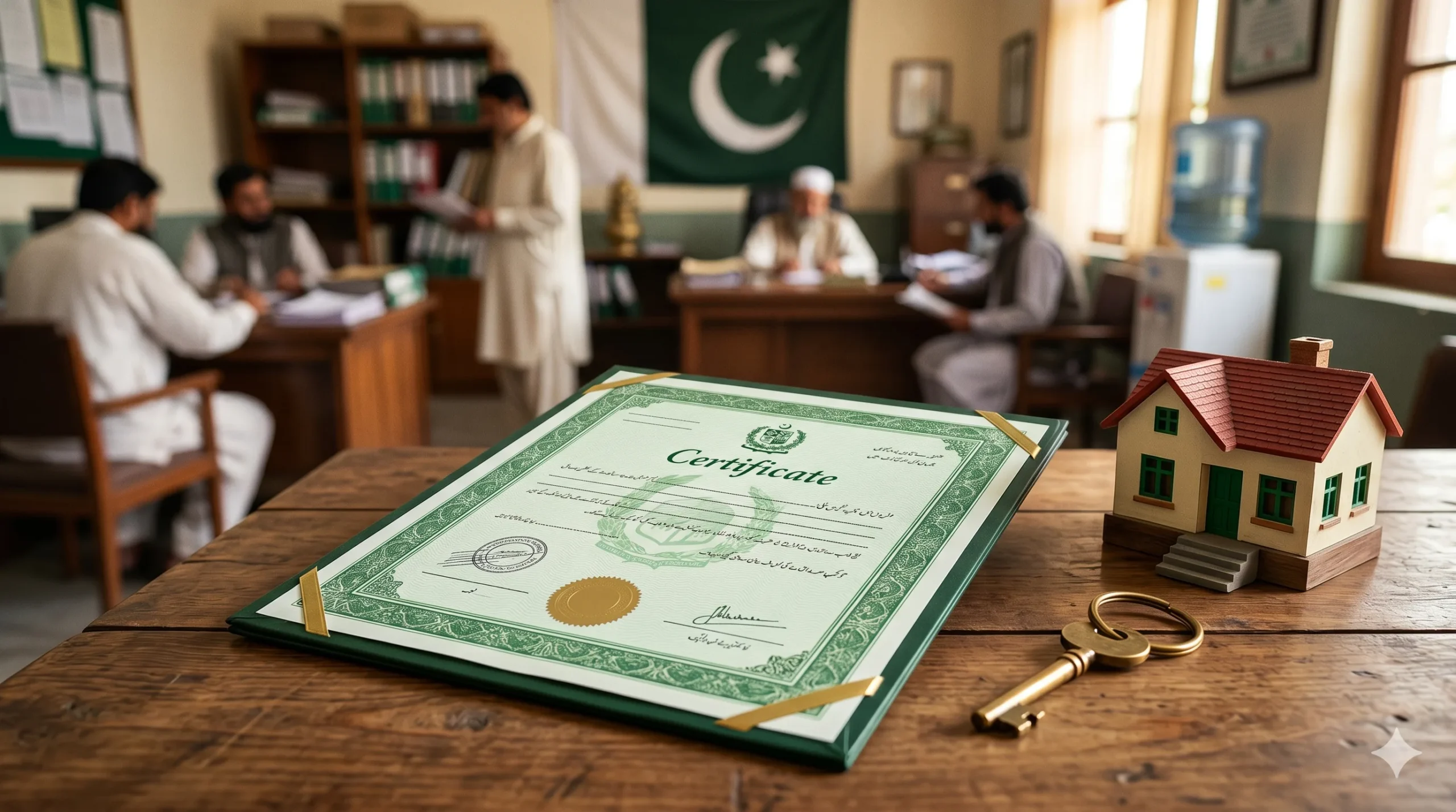 Green Property Certificate Punjab with a house model and key on a desk