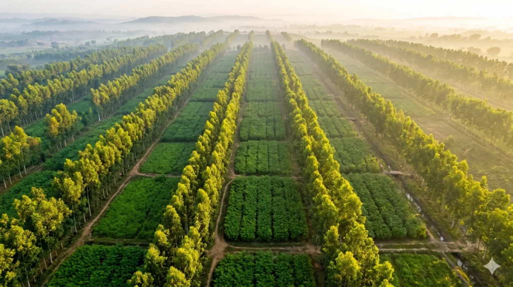 Aerial view of an agroforestry farm with tree rows and crops in Pakistan