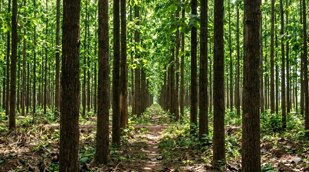 Teak tree plantation rows grown for timber investment