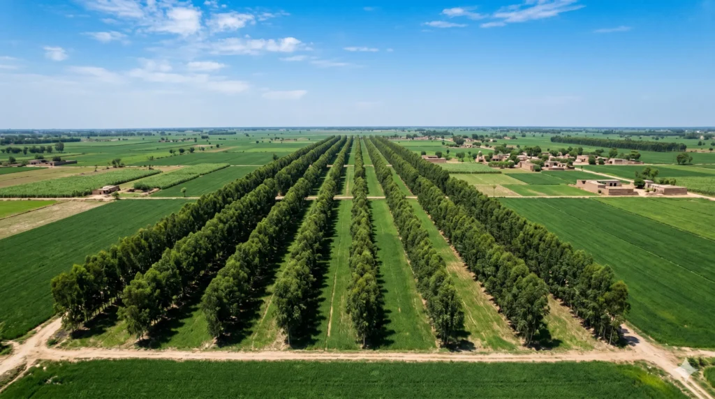Aerial view of a eucalyptus plantation on farmland in District Kasur Punjab