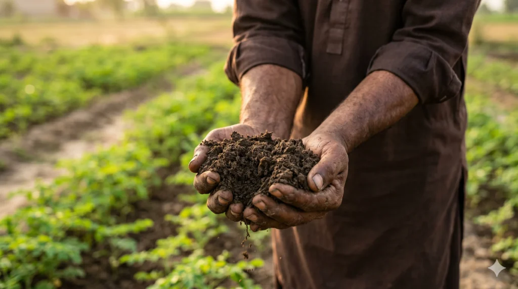 Farmer holding rich dark agricultural soil in a Punjab field