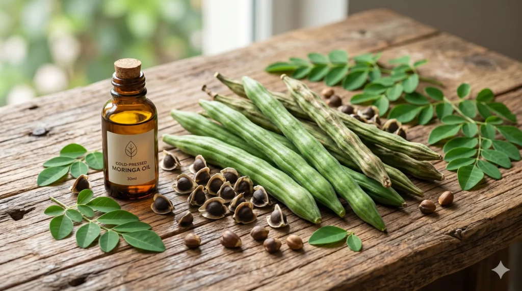 Cold-pressed moringa oil bottle with moringa seeds and pods on a wooden table