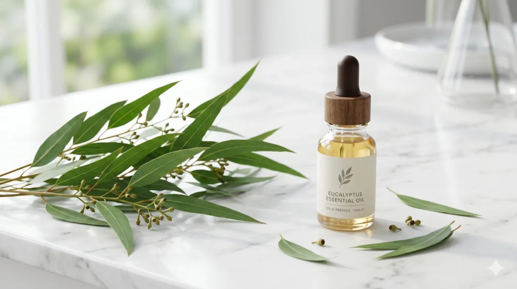 Eucalyptus essential oil bottle with fresh eucalyptus leaves