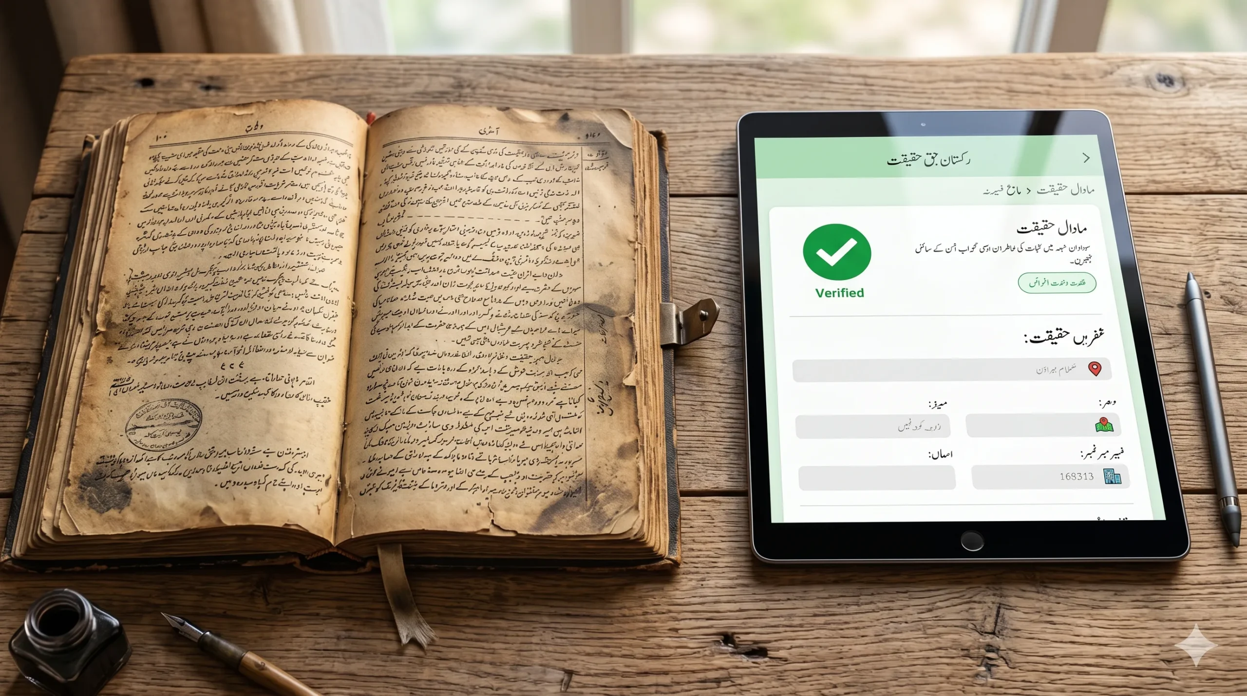 Old handwritten Fard land register beside a digital property record on a tablet