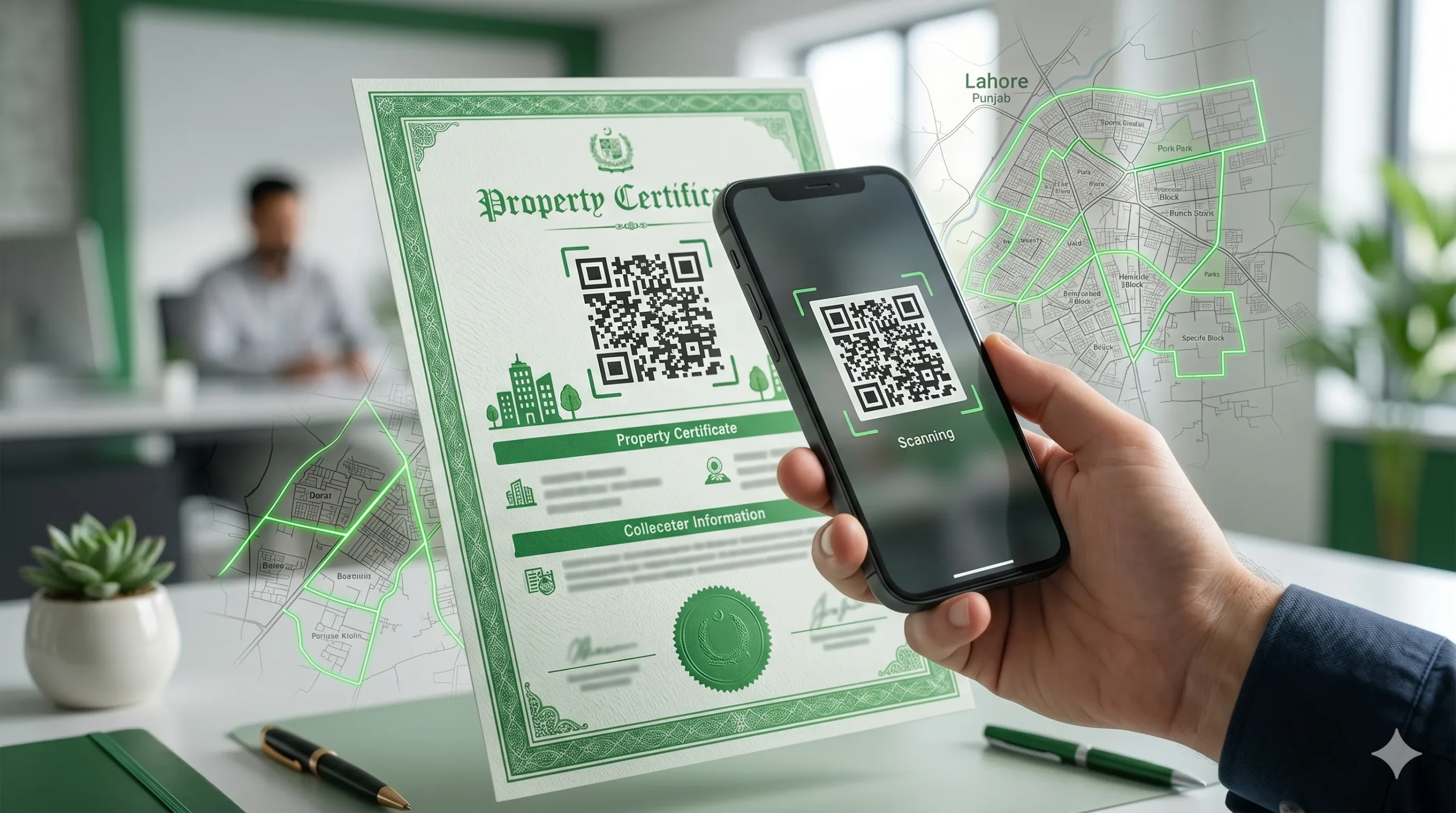 Scanning a QR code on a Green Property Certificate to verify ownership