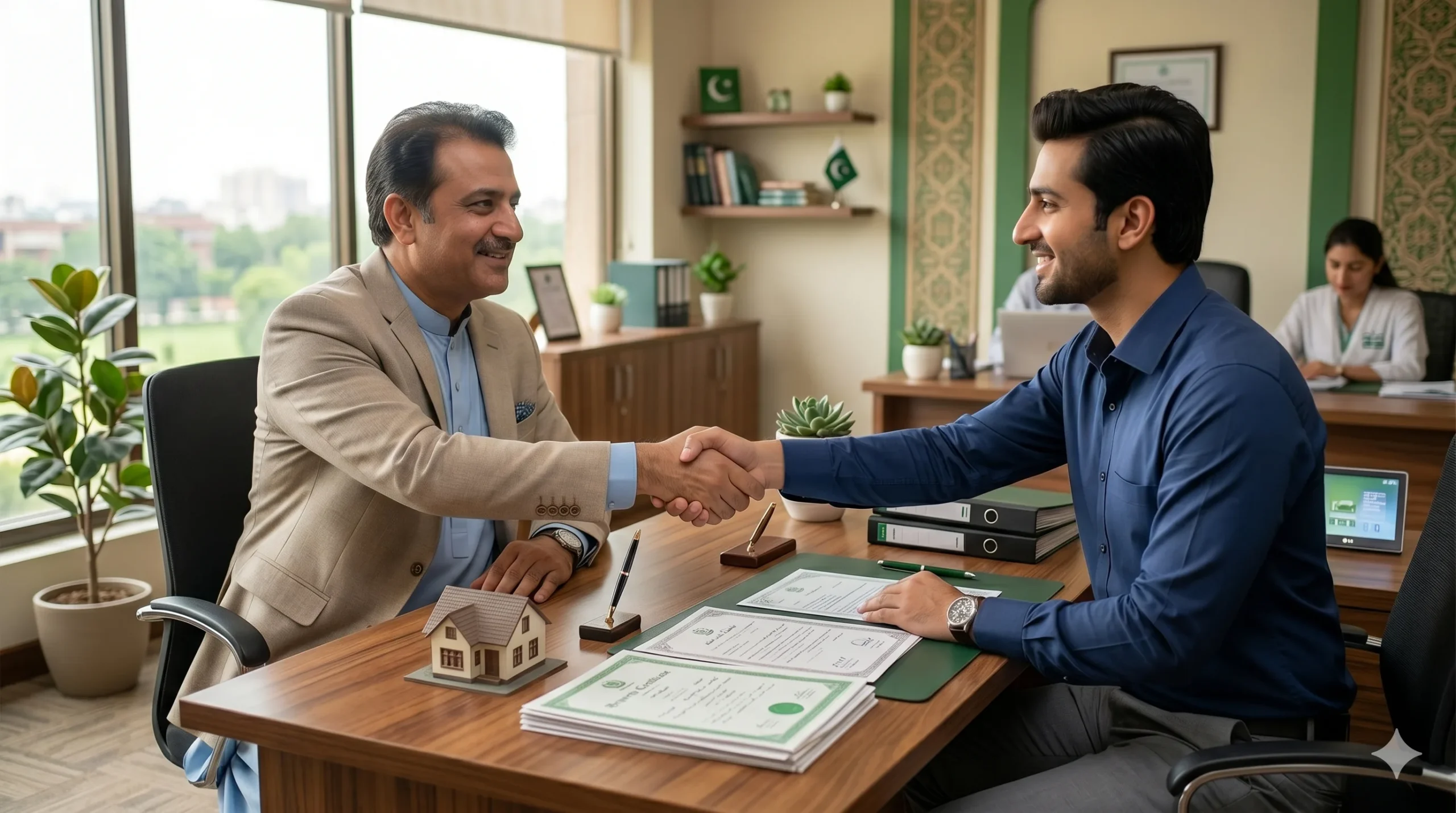 Two people shaking hands over verified property documents and a model house