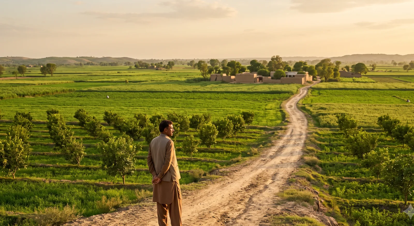 Farmer looking over green agricultural farmland in Punjab, Pakistan