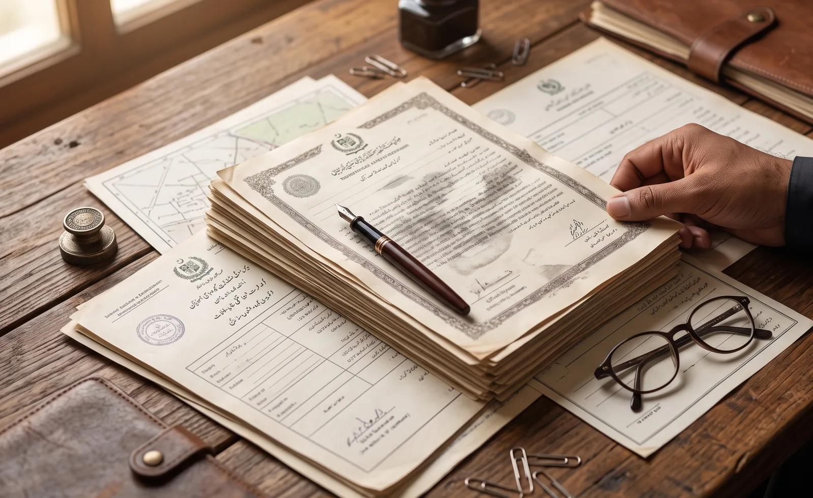 Land ownership documents and Fard record on a desk before buying land in Pakistan