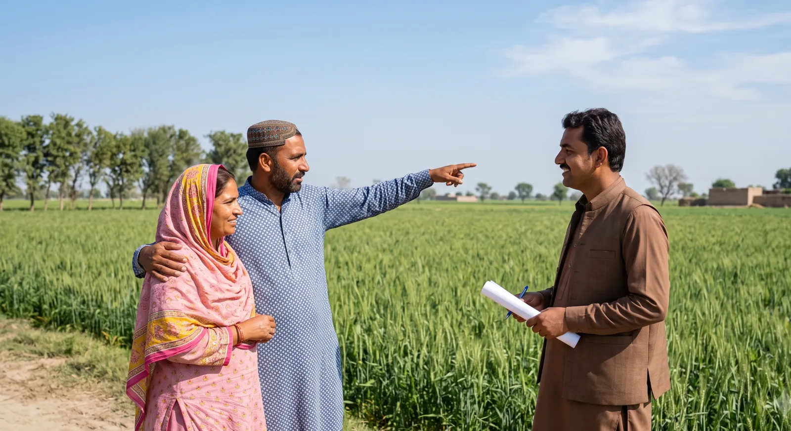 Buyers discussing an agricultural plot with an agent near Lahore