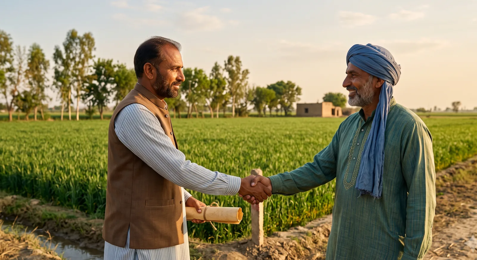 Two men shaking hands over an agricultural land deal in rural Punjab