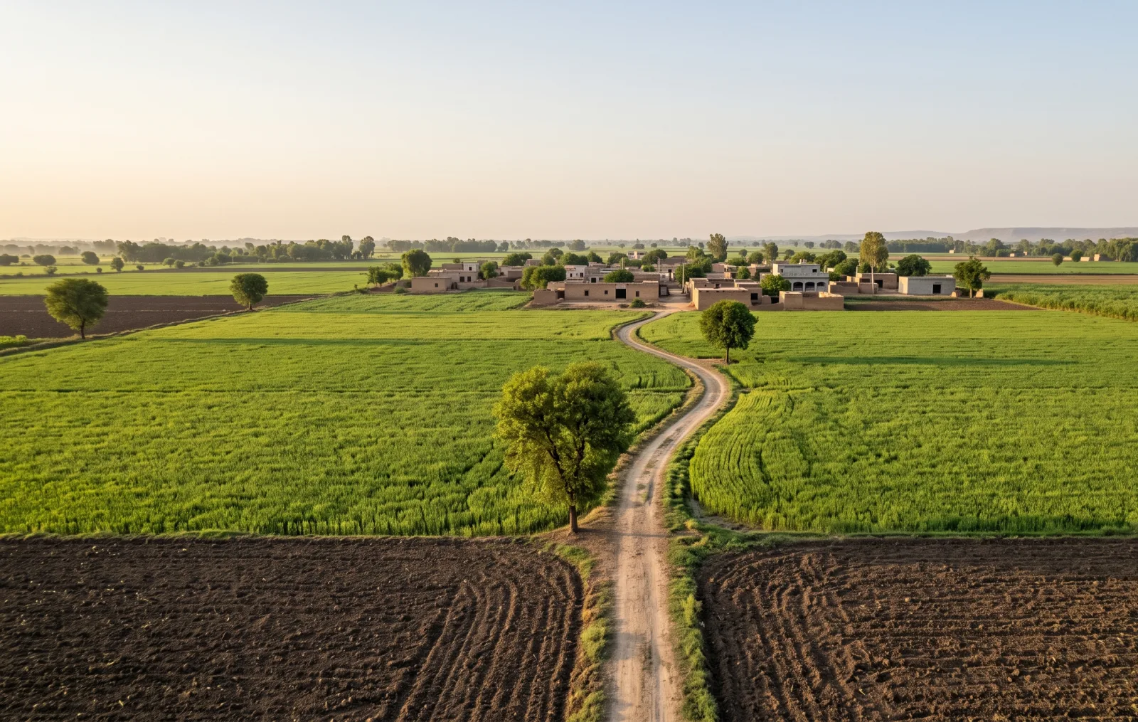 Open agricultural farmland and a village near Chunian, District Kasur, close to Lahore
