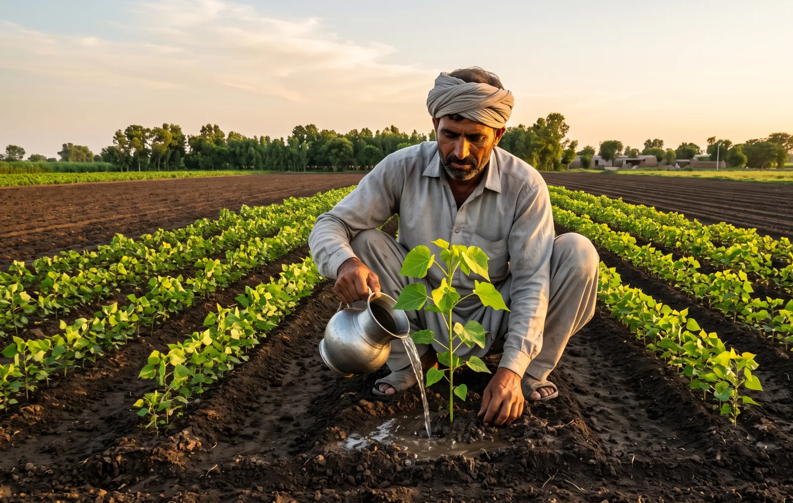 A worker watering a young sapling on an agroforestry plot in District Kasur