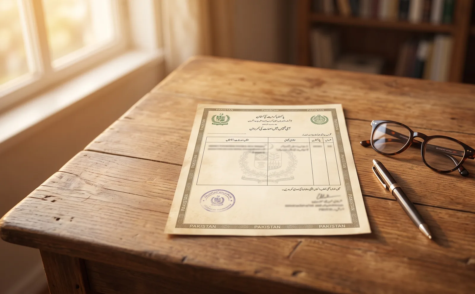 An official Pakistani land ownership document on a wooden desk with reading glasses and a pen