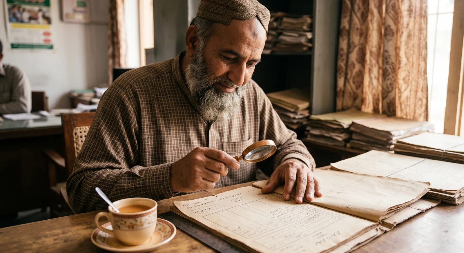 Man examining a Fard land ownership record with a magnifying glass in Pakistan