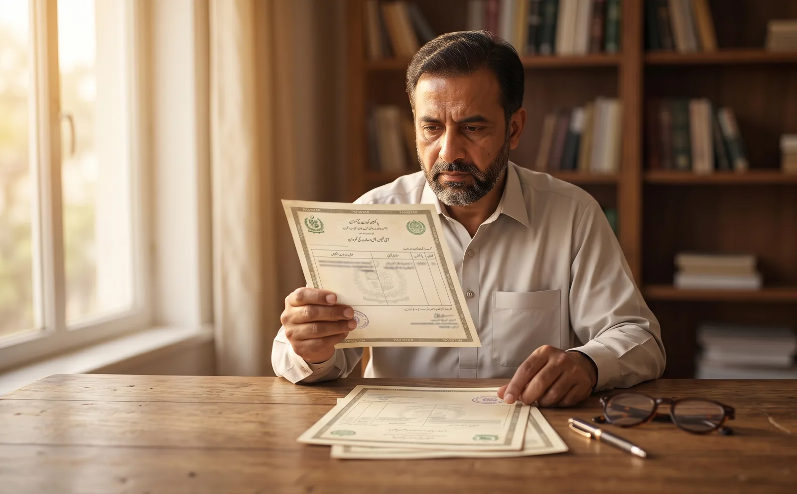 A Pakistani man carefully checking property documents before buying land