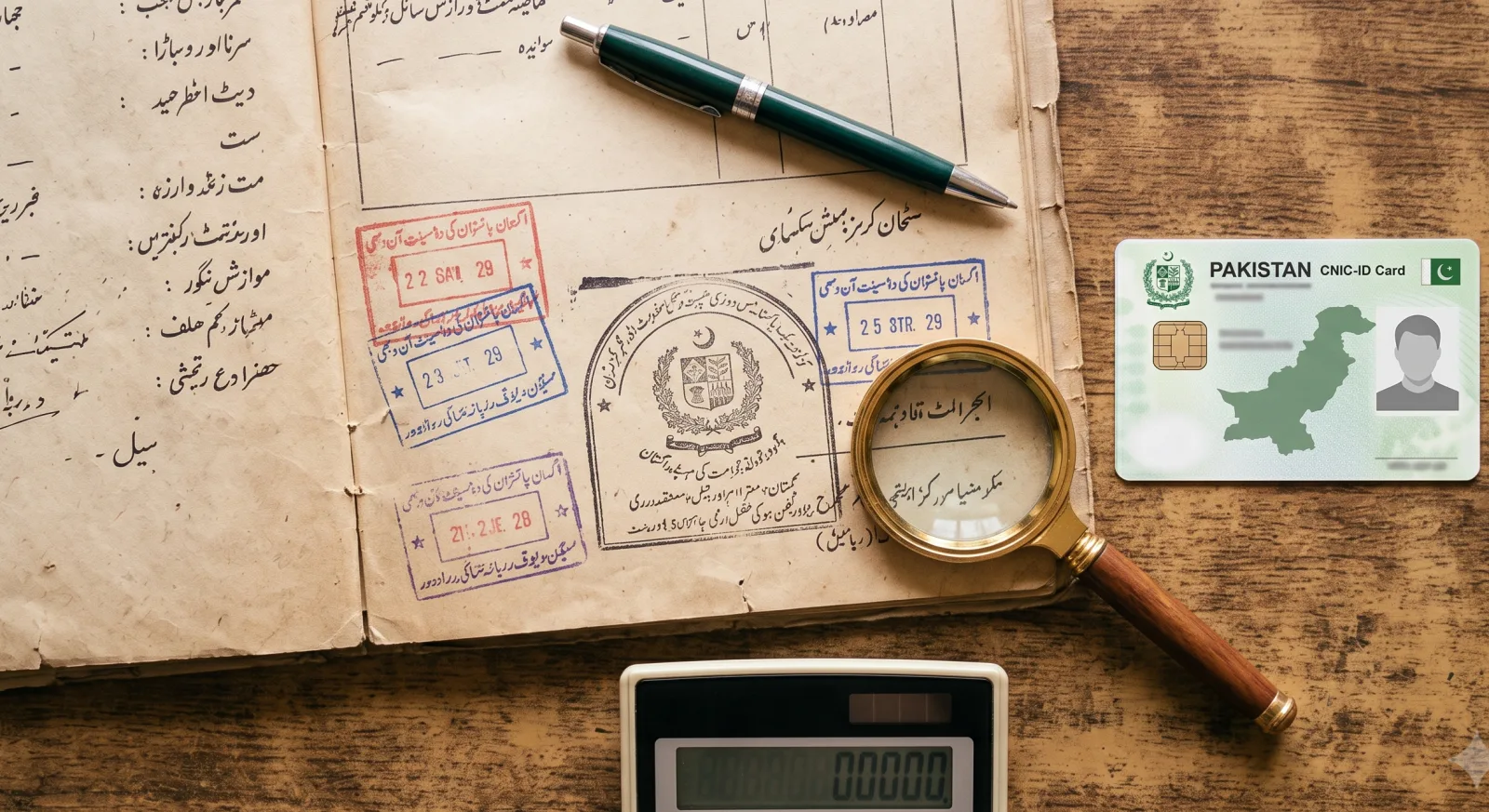 Fard land record, CNIC and calculator laid out on a desk