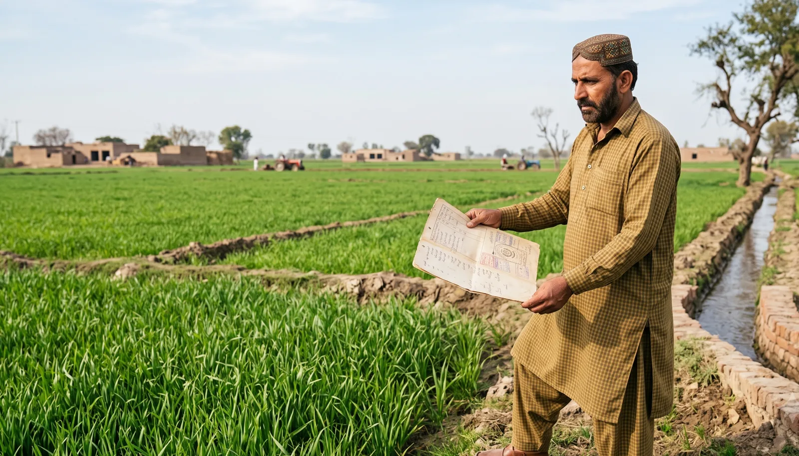Buyer checking a land record against a field in rural Punjab