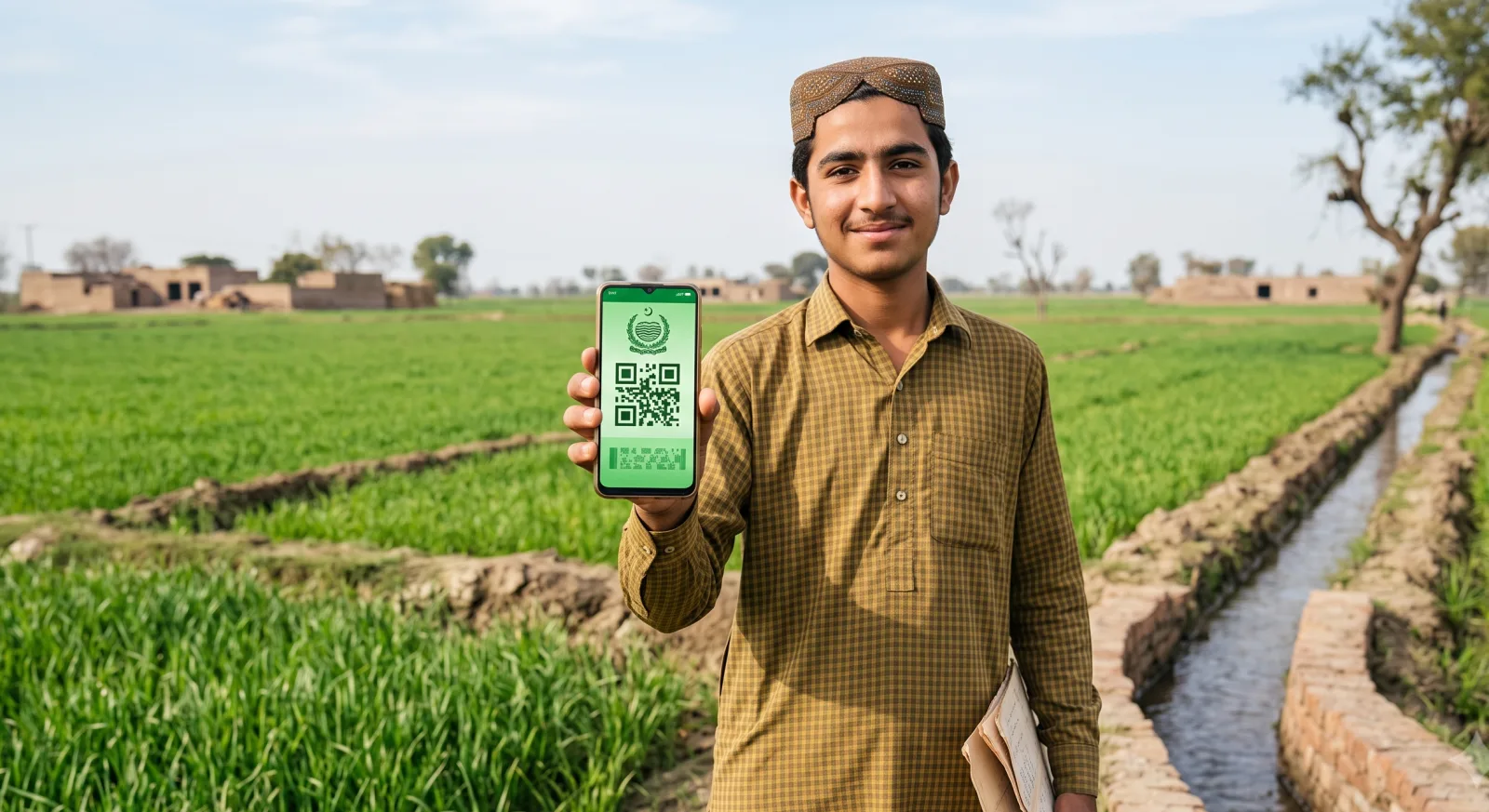 Young man showing a digital Green Property Certificate with QR code on a phone