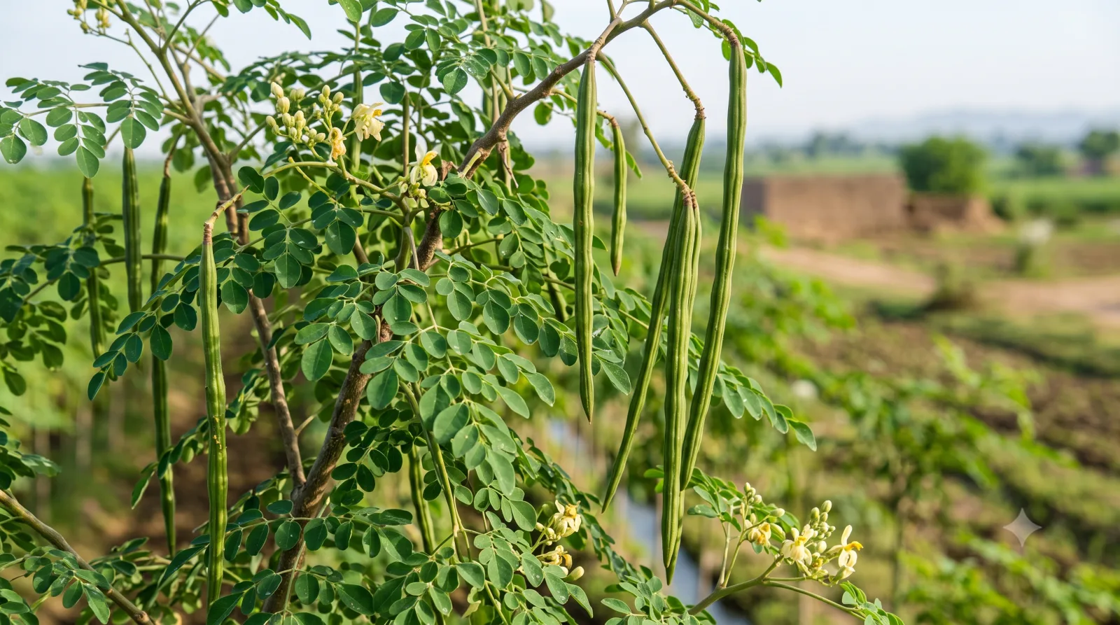 Close up of moringa leaves and long green drumstick pods on the branch