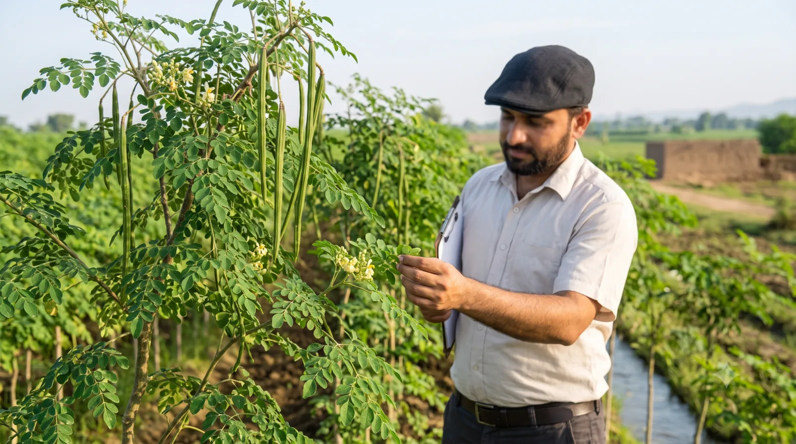 Agronomist inspecting moringa plants in a managed plantation