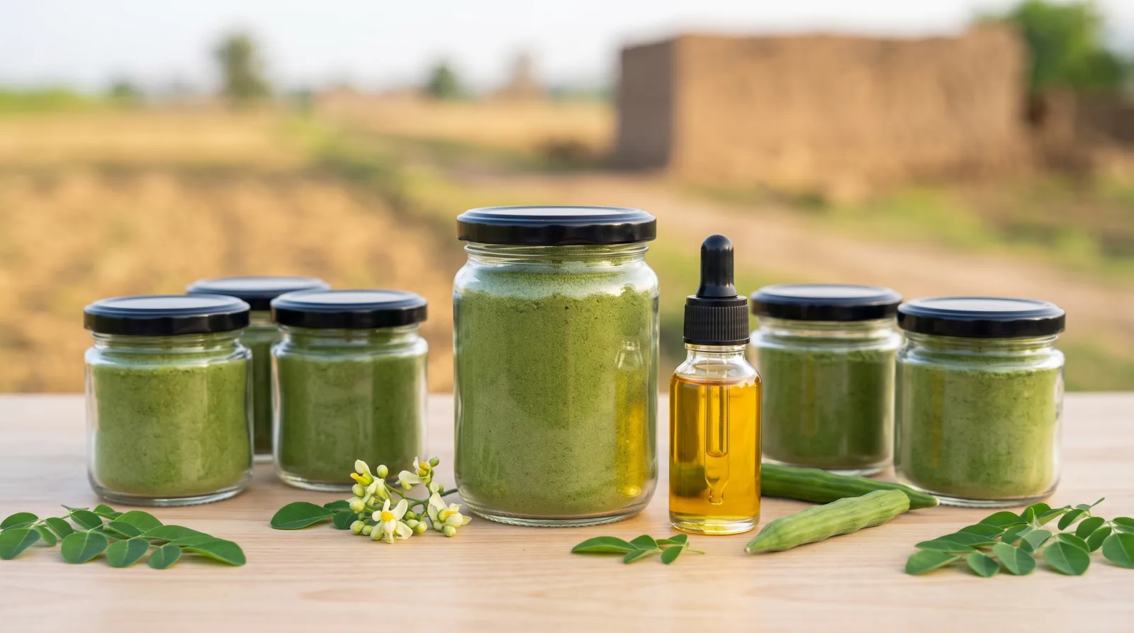 Moringa leaf powder in jars and a bottle of moringa oil, value added products