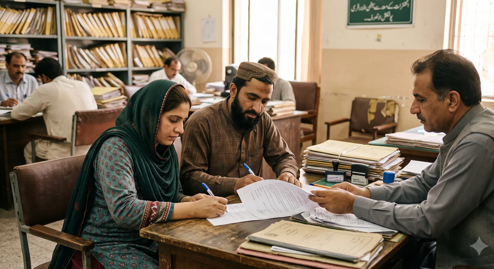 Buyer and seller signing a land sale deed with an official in Pakistan