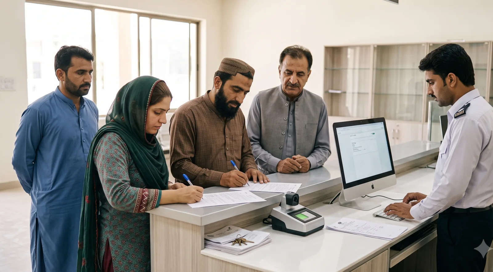 Buyer, seller and witnesses at an Arazi Record Center counter for mutation