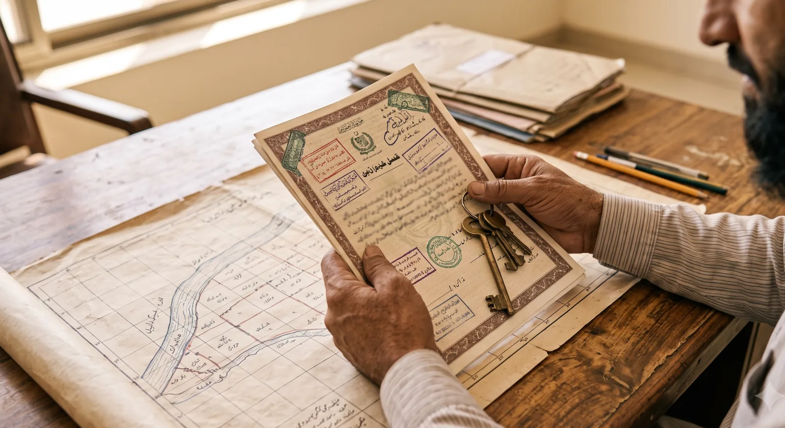 Hands holding a stamped property deed and keys over a land map