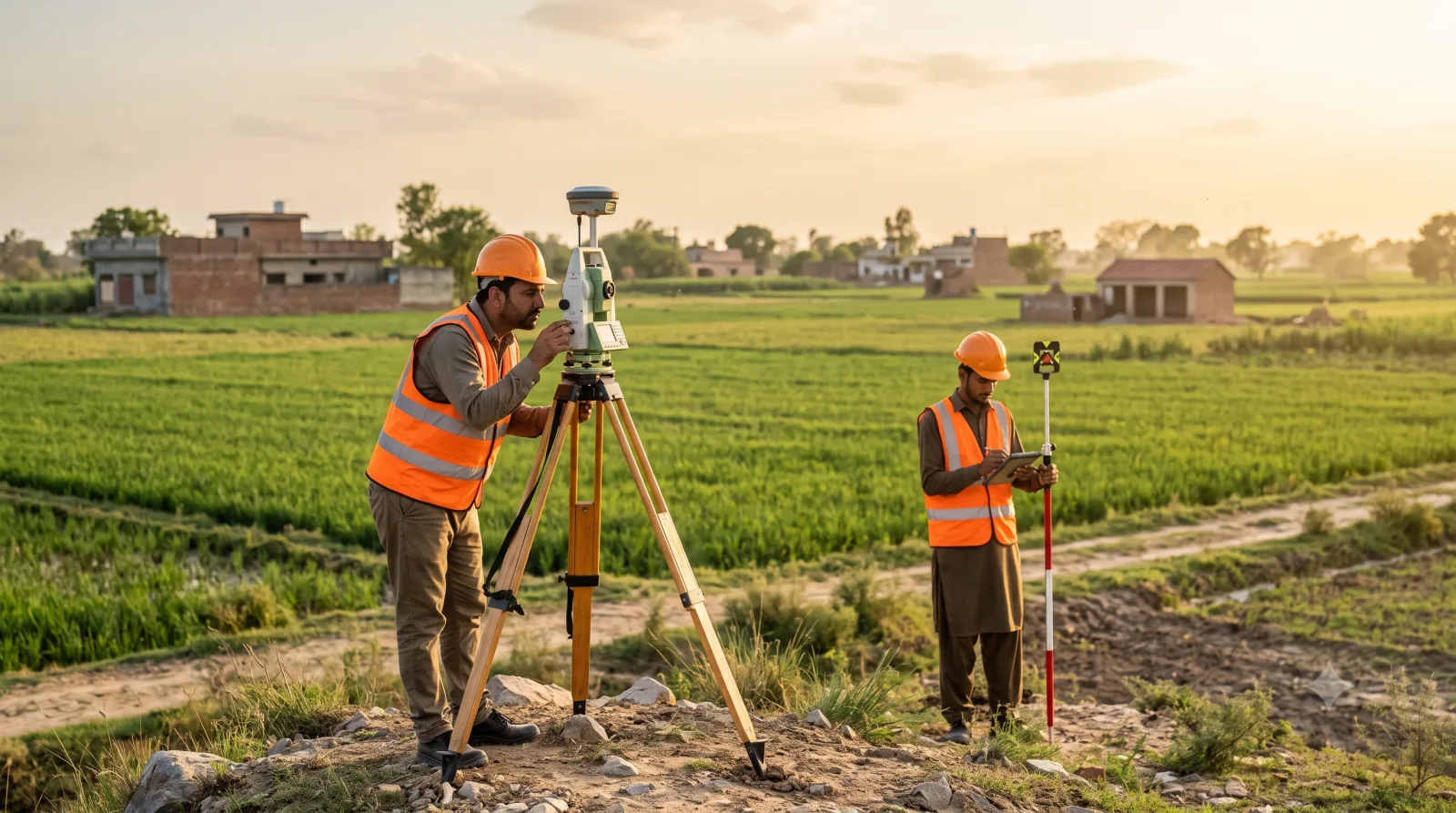 Surveyors measuring a plot of land with a GPS instrument during the field survey