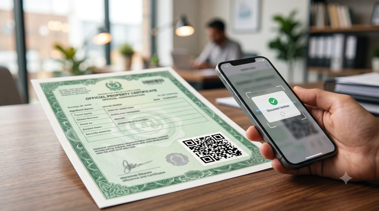 Green Property Certificate with a QR code being scanned on a smartphone