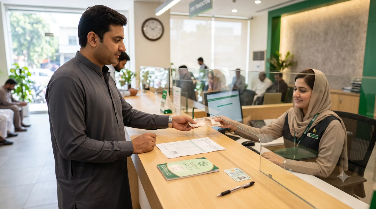 Paying the Green Property Certificate fee at a Bank of Punjab counter in Pakistan
