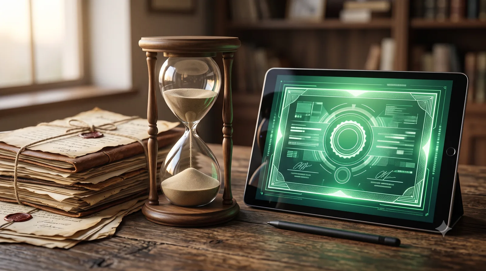 Hourglass beside old Fard documents and a new green digital property certificate