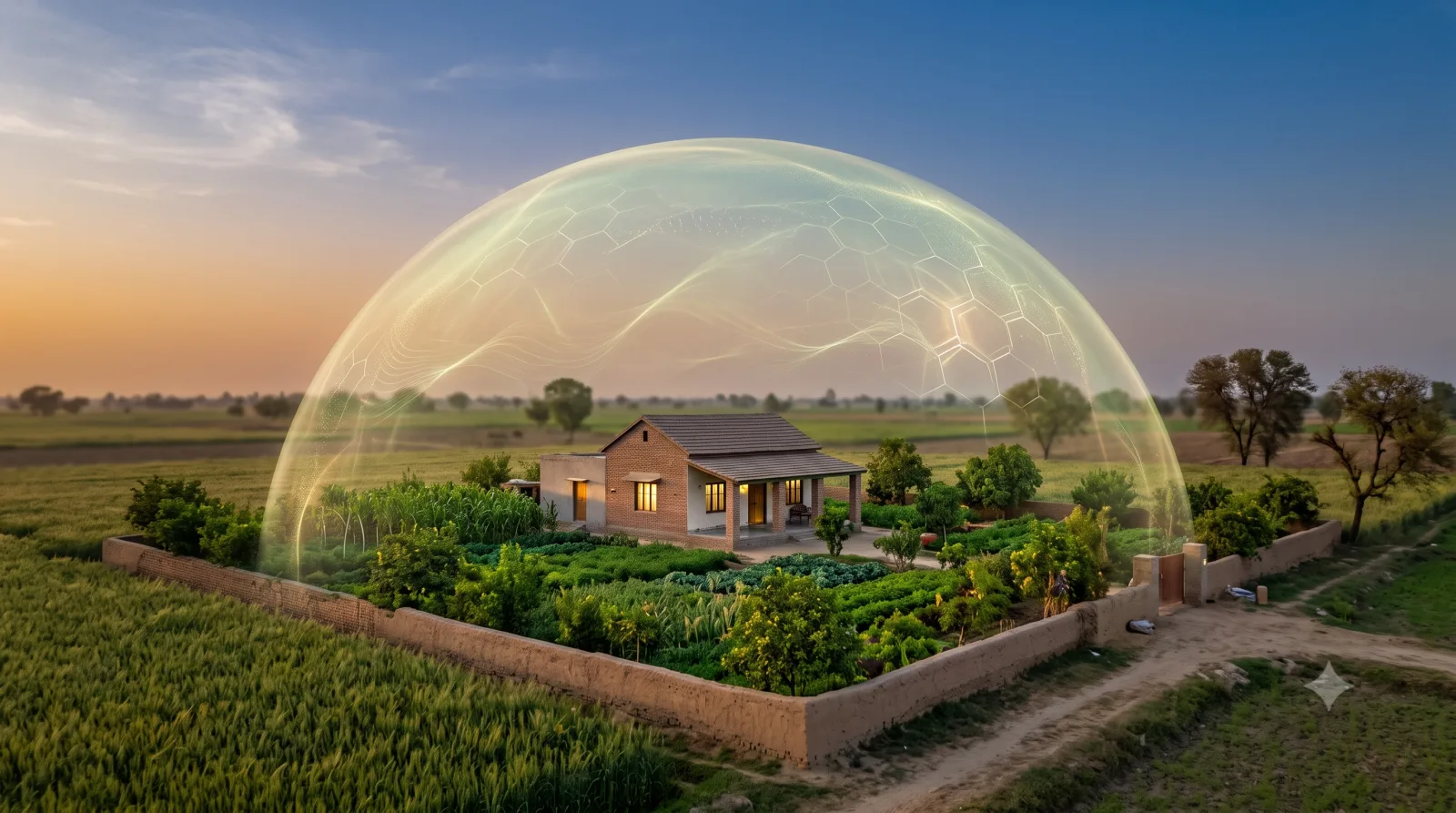 A house and green farmland protected under a shield, symbolising secure certified land