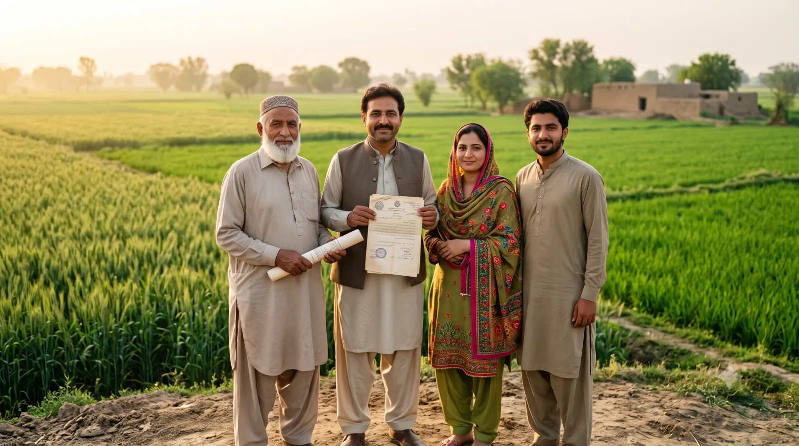 A Pakistani family at their inherited farmland holding property documents
