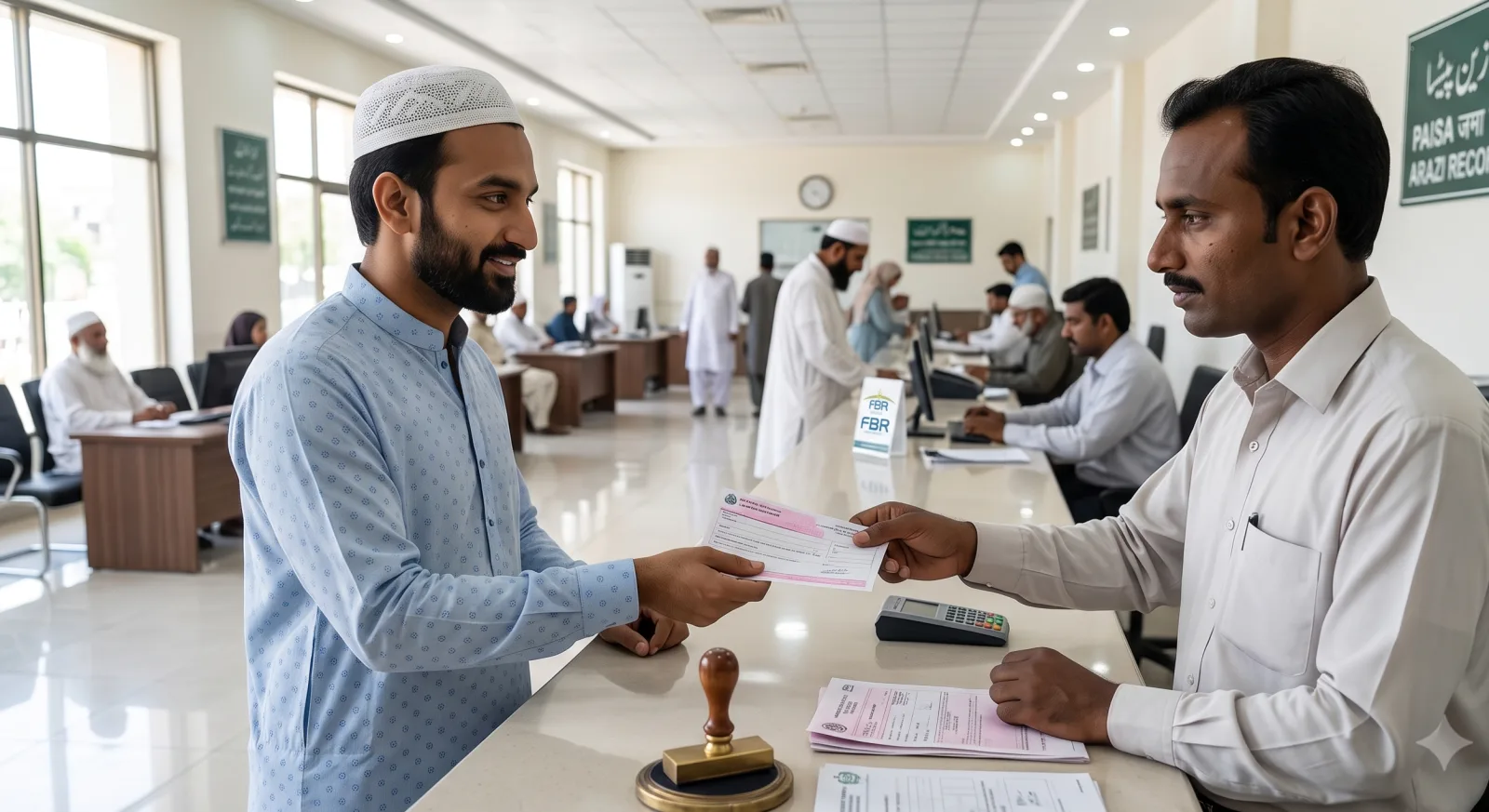 Man paying property tax at a bank counter in an Arazi Record Center