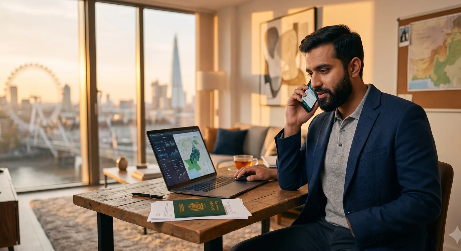 Overseas Pakistani handling a property matter on a laptop and phone